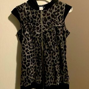 Sleeveless black and gray leopard print hoodie by Venus. Made for layering.